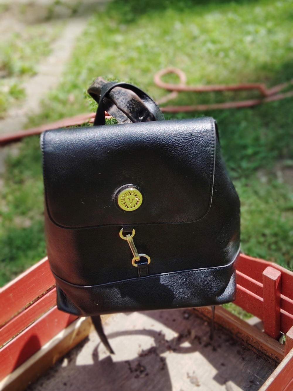 Anne Klein Black Faux Leather Backpack with Gold Hardware